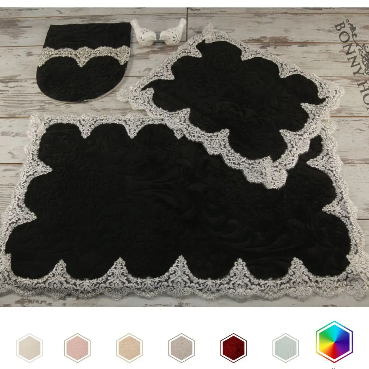 

Bonny Home Plush Lux Rectangle Black 3 Pieces Lacy Bath Mat Set Non-Slip Luxury Bathroom Rug