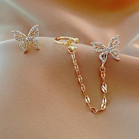 exquisite rhinestone butterfly ear clip hanging on the ear women trendy asymmetrical chain tassel fake earrings party jewelry