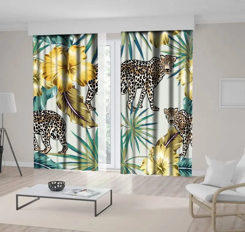 

Curtain Leopard Exotic in Jungle Forest Leaves Flowers Wild Nature Artwork Printed Green Brown Yellow