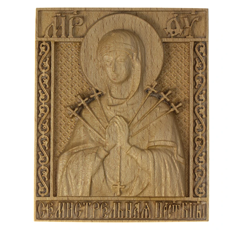 Деревянная Православная резная икона &quotБожья Матерь Семистрельная&quot . Wooden carved