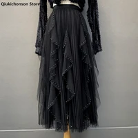 qiukichonson white black spring summer ruffles skirt womens mesh skirt 2022 korean casual high waisted beading mid long skirt