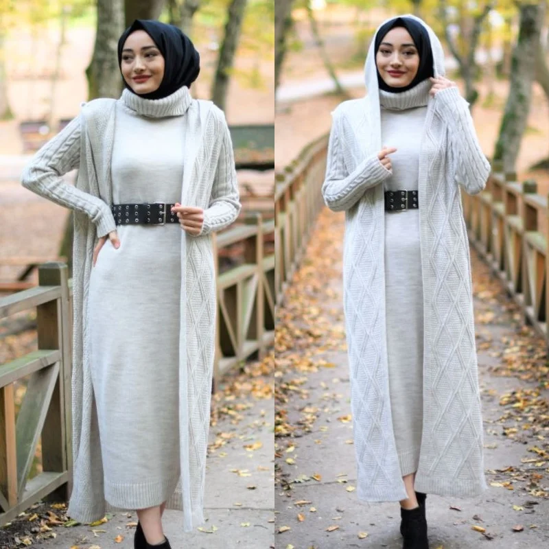 

2 Pieces Women Sets Knitted Dress + Hooded Cardigan Hoodie Muslim Fashion Double Suit 2021 New Turkey Abayas Islamic Clothing