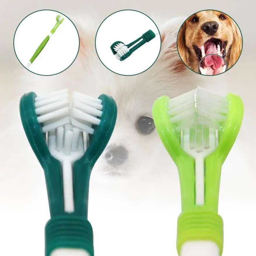 

Зубная щетка для домашних питомцев, мягкая многоугольная зубная щетка с тремя насадками для маленьких собак и кошек