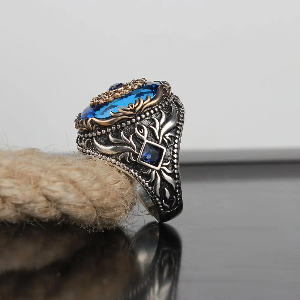 

925 Sterling Silver Ring Aqua Stone Silver Men Ring Real Gemstones Jewelry Designer Jewelry Vintage Turkish Ring