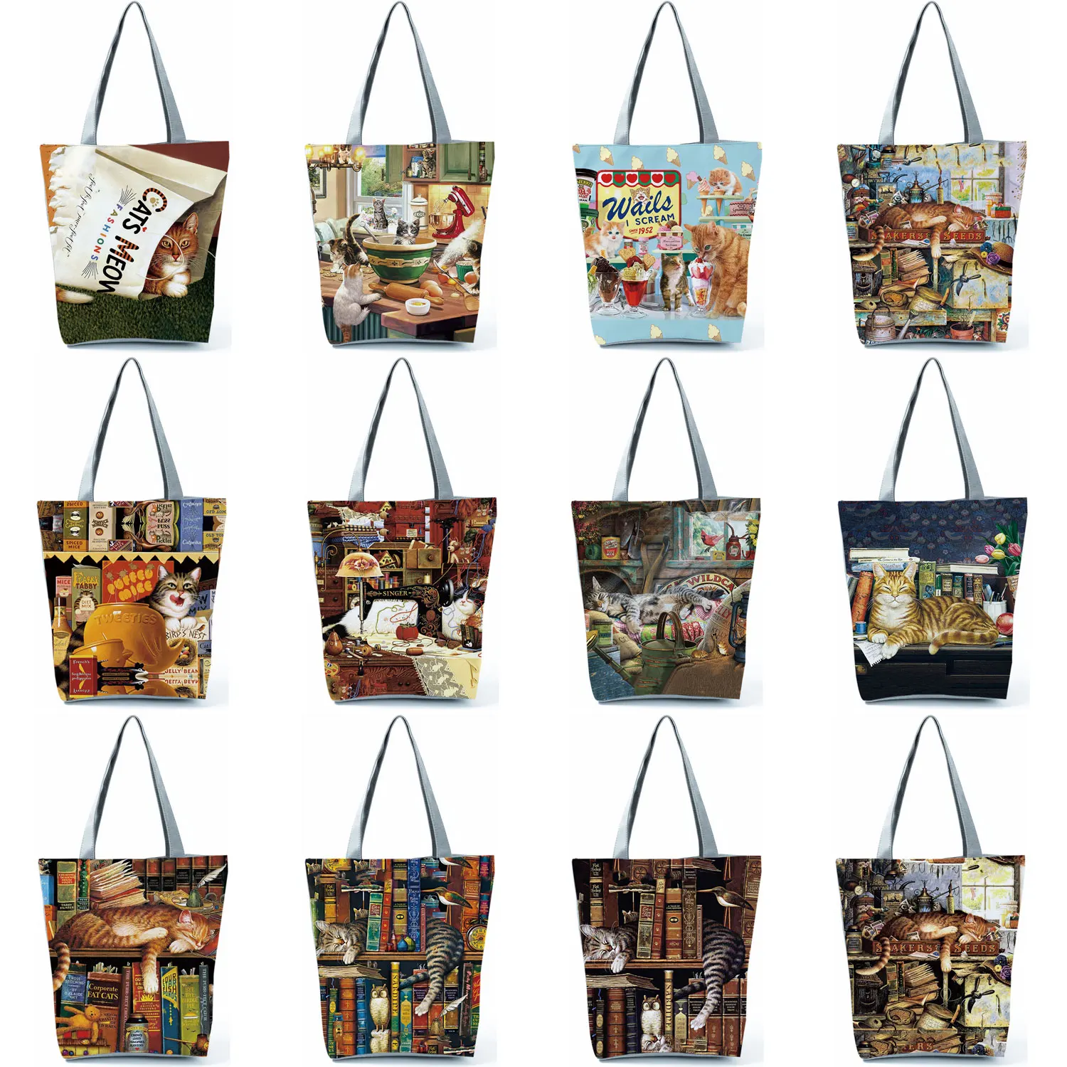 

Customized Oil Painting Cat Print Women's Designer Tote Bags Foldable Reusable Shopping Bag For Groceries Shoulder Bags for Lady