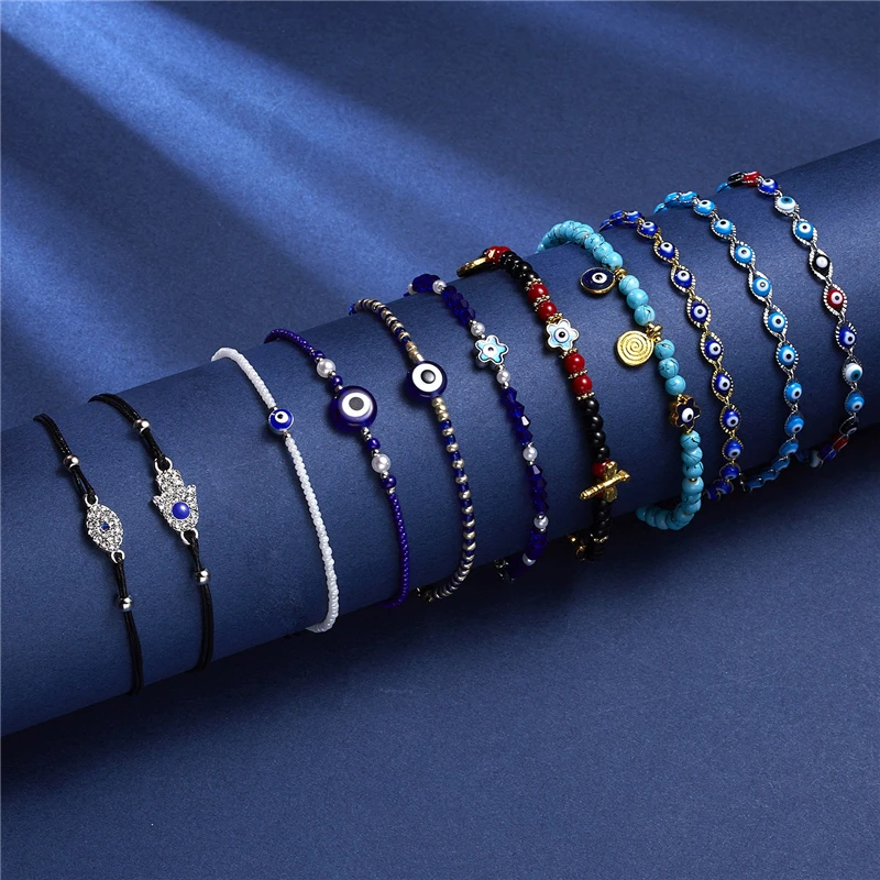 

Turkish Blue Evil Eye Bracelet Sets Colorful Crystal Resin Bead Rope Chain Eyes Lucky Couple Bracelets for Women Charm Jewelry