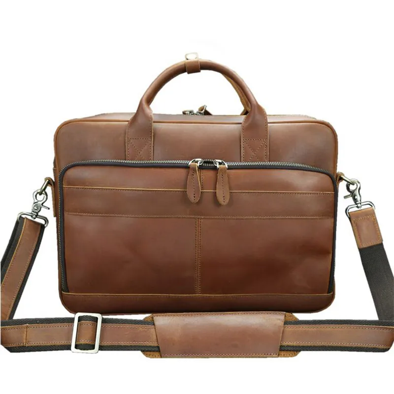 Men's Crazy Horse Leather Handbag Vintage Travel Laptop Bag Male Large Genuine Leather Messenger Bag Men Shoulder Crossbody Bag