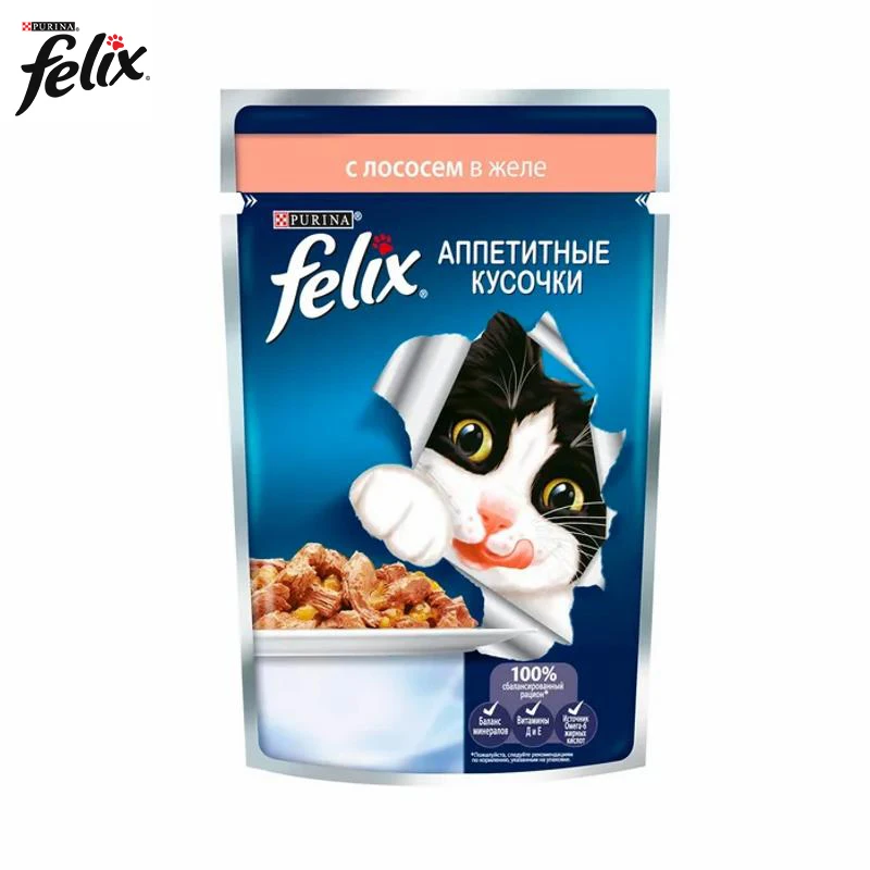  Влажный корм для кошек Felix Аппетитные кусочки с лососем, 85г. 