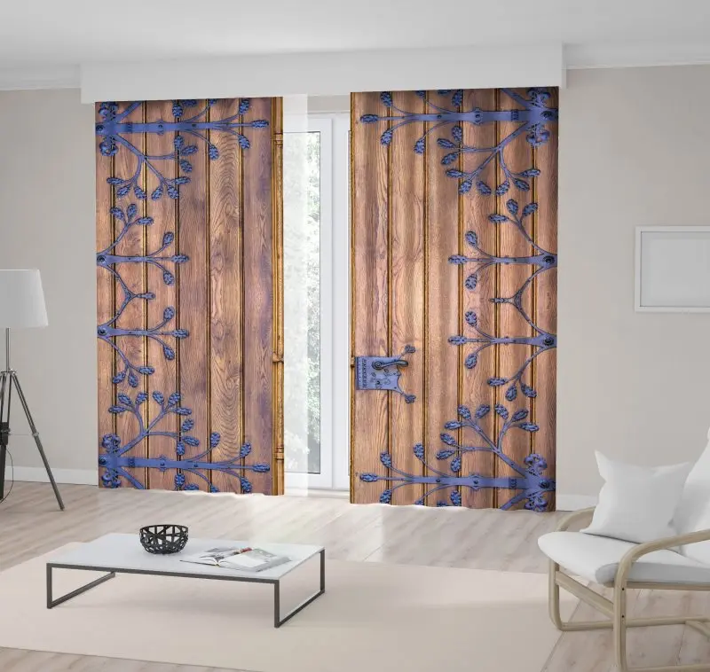 

Curtain Wooden Door with Decorative Metal Elements and Handle Floral Doorknob Historic Architecture Brown Blue Photo Printed