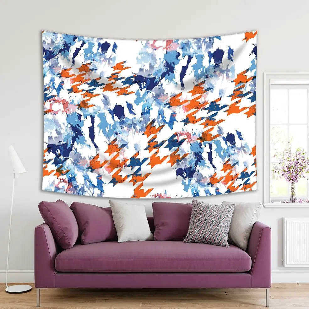 

Tapestry Houndstooth Geometric Pattern Camouflage Background Bright Colored Modern Abstract Artwork Orange Blue White