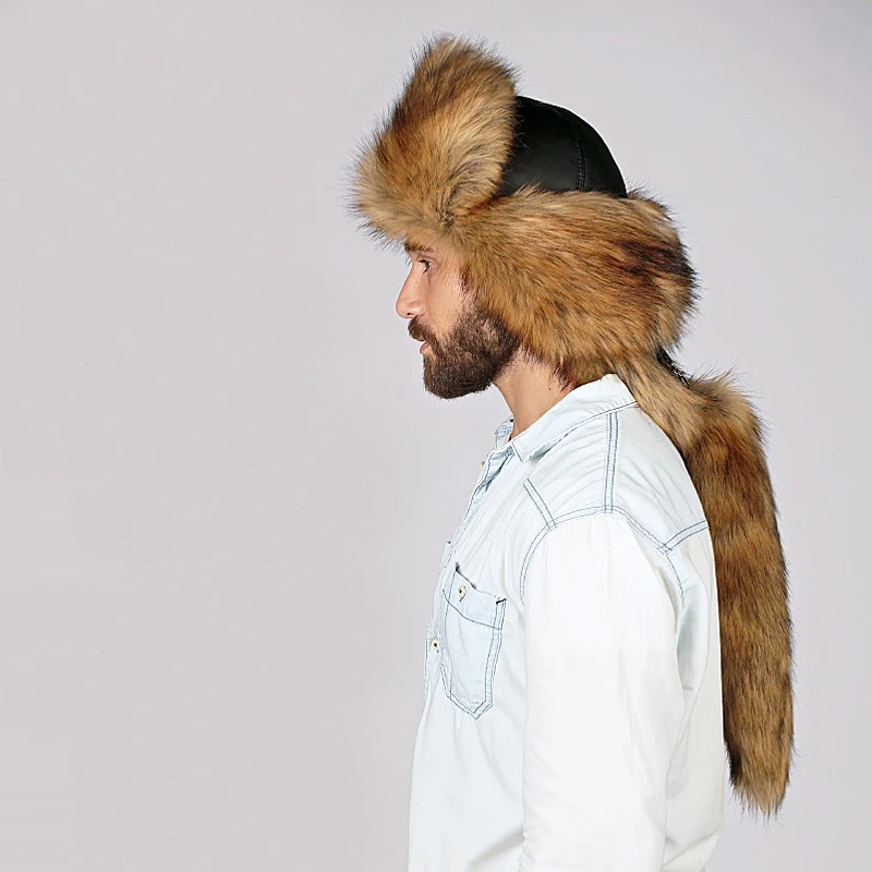 Мужская шапка Малахай с хвостом Лиса из искусственного меха зимний теплый