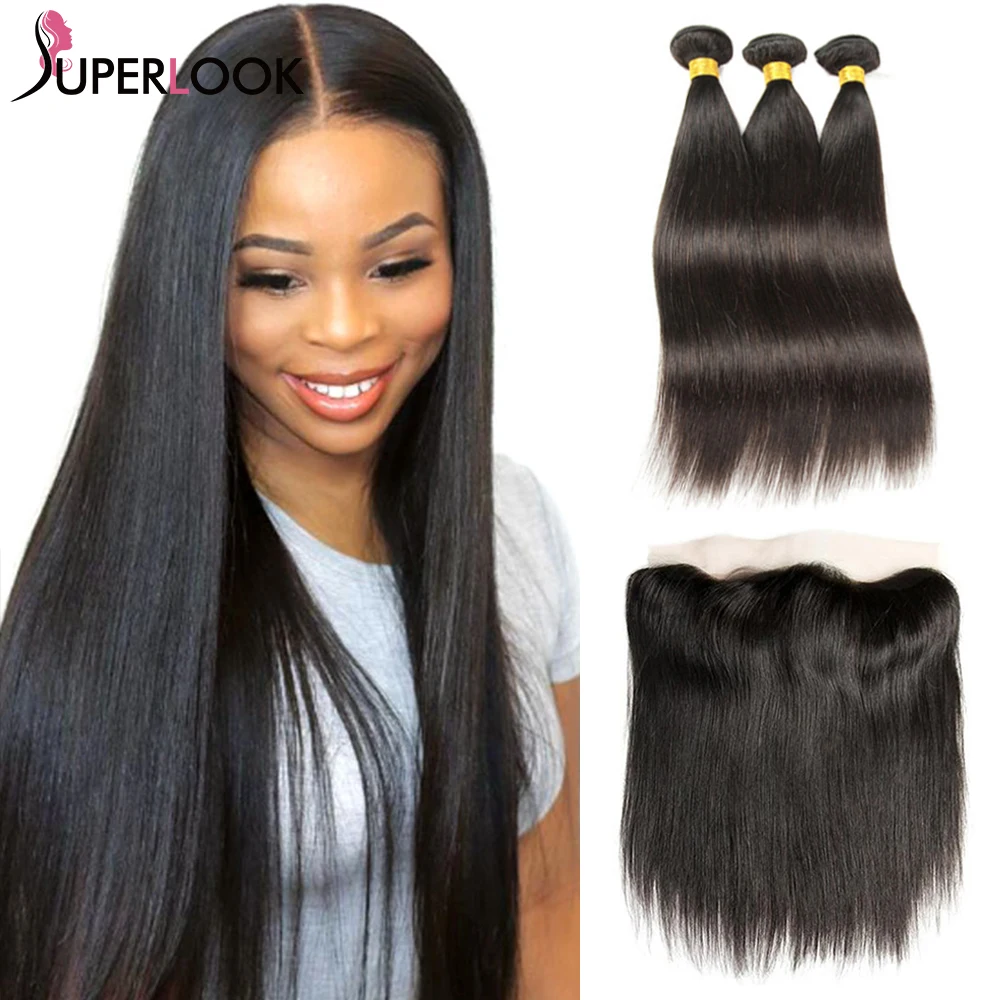 Straight Bundles With Frontal 13x4 Transparent Lace Closure Frontal With Bundles Brazilian Natural Black Human Hair Extensions