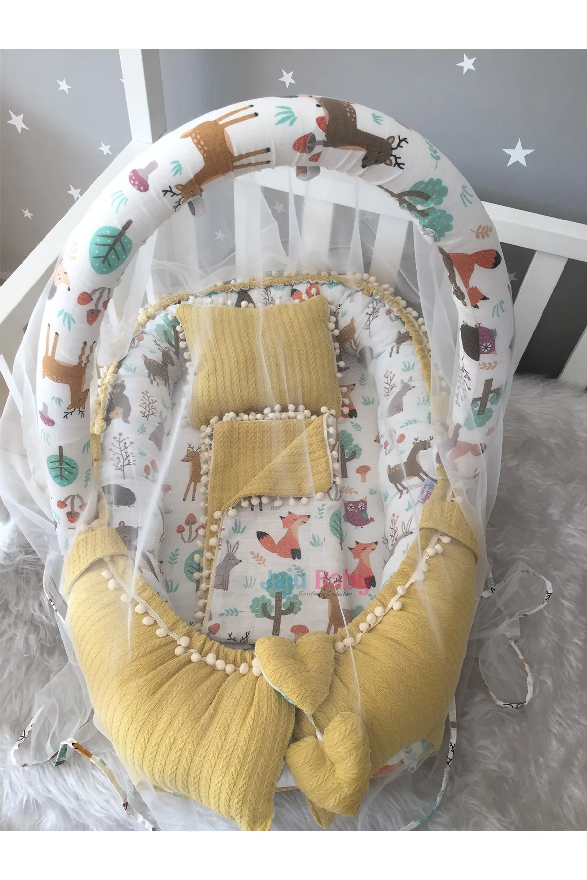 Jaju Baby Handmade Yellow Tricot Pique Fabric and Forest Muslin Fabric Pompom Babynest and Quilt Toy Apparatus and Tulle Set