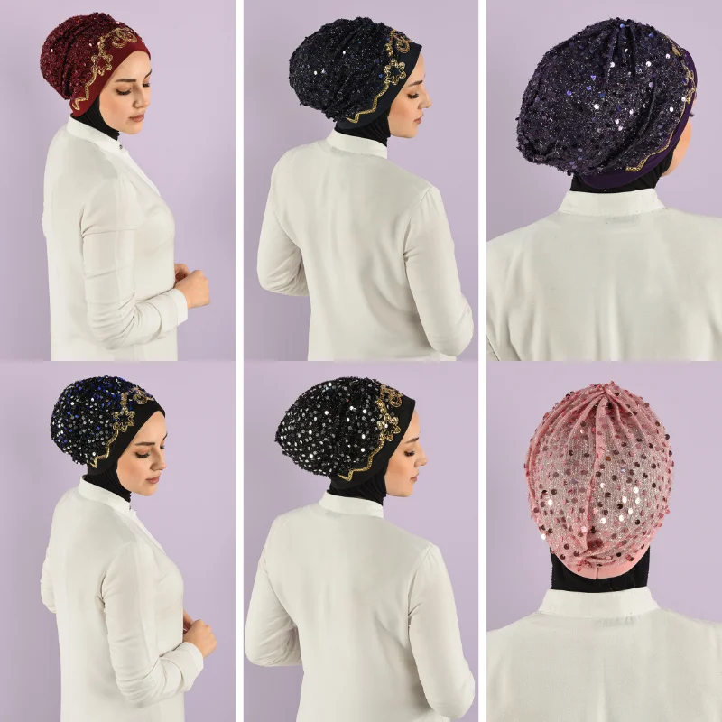 

Muslim Turban Hijab Bonnet Sequined Musulman Turbante Mujer Arab Wrap Head Femme Scarf Inner Hijabs Caps 2021 Solid Hijab Femme