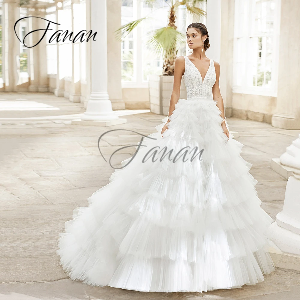

robe de mariée Deep V-Neck Lace A-Line Wedding Dresses Backless Sleeveless Tiered Exquisite Tulle Bridal Gown mariage mariage