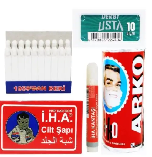 

Arko Shaving Soap, Derby Usta Razor Blades, Alum Block, Alum Stick, Disposable Blood Stopper
