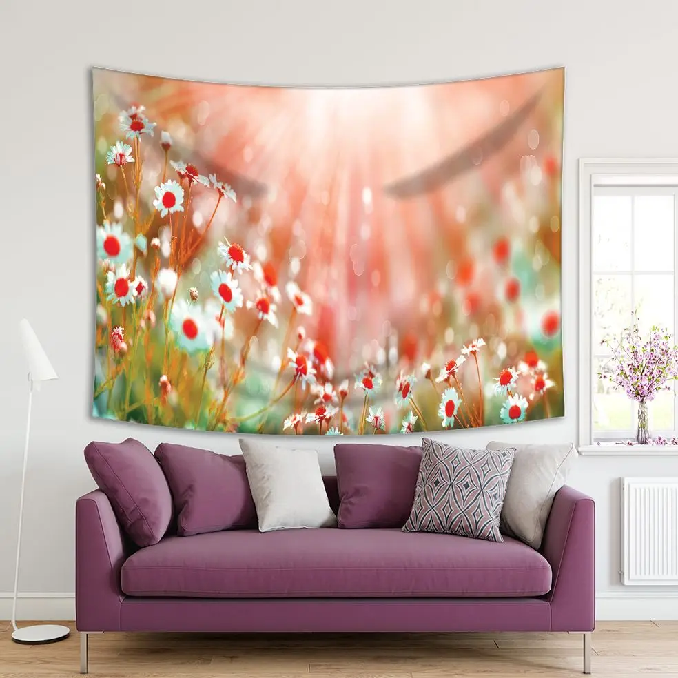 

Tapestry Flowers Daisies Field in Sun Light Summer Garden Nature Meadow Wild Blooms Photo Red Pink White Green