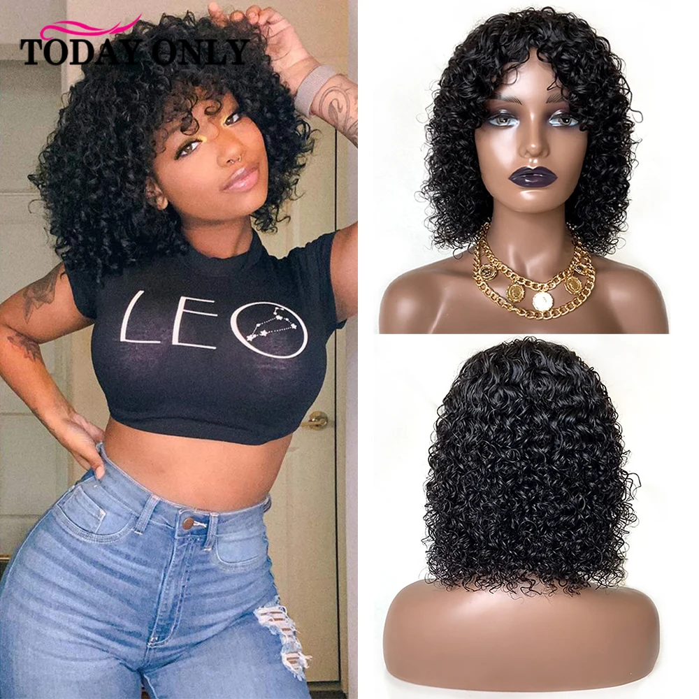 Pretas do Cabelo Humano de Jerry com Franja para as Mulheres Perucas Encaracoladas Negras Cabelo Virgem Brasileiro Kinky Encaracolado Glueless Máquina Feita Peruca 12a