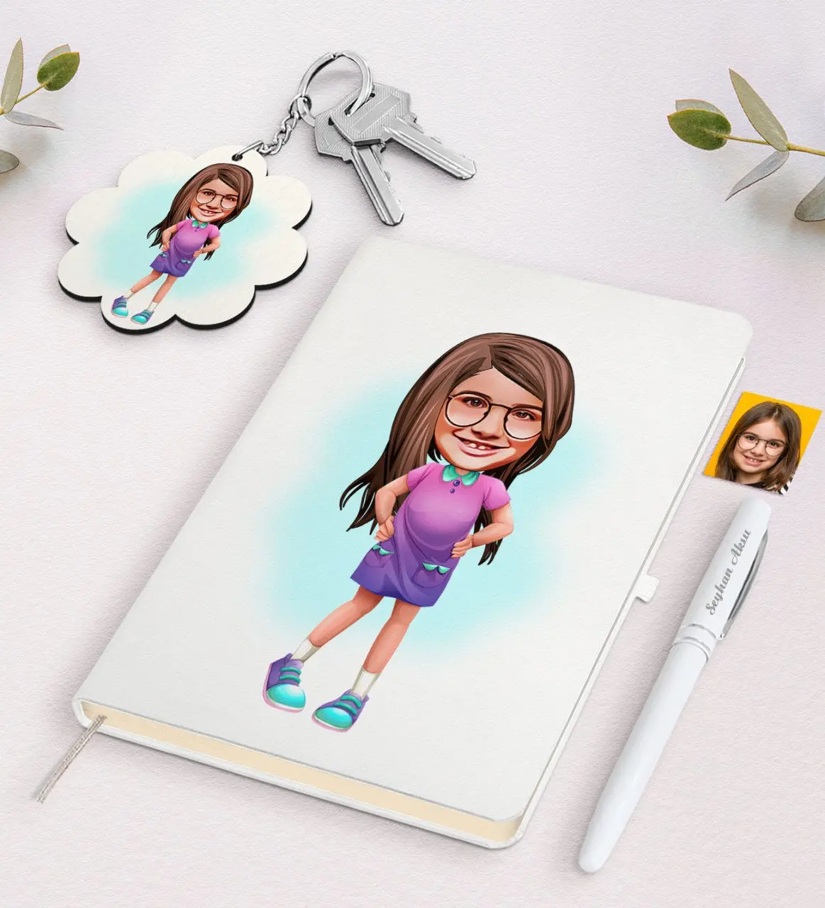 

Personalized Female Child Caricature Of White Notebook pen And Keychain Gift Seti-3 Reliable Quality Gift Casual Design moment