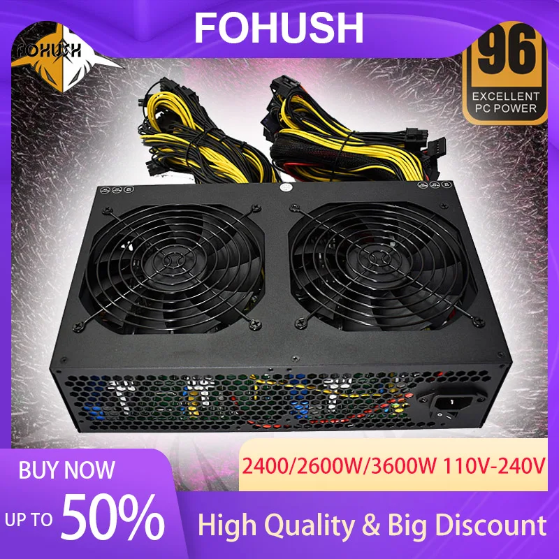 

2400W 2600W 3600W 110V-240V BTC Bitcoin Mining Power Supply 96% Efficiency Support 8 Display Cards GPU ATX ETH Bitcoin Miner