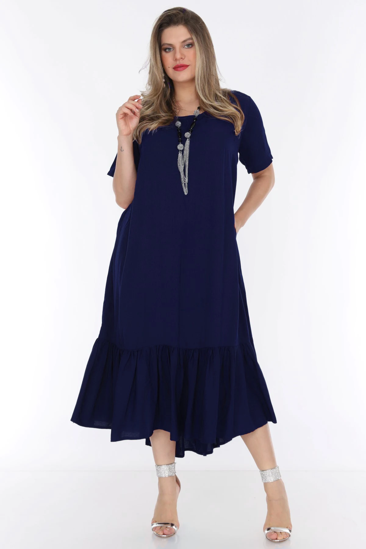 Для женщин размера плюс с коротким рукавом летнее платье Темно синие 1569|Женские