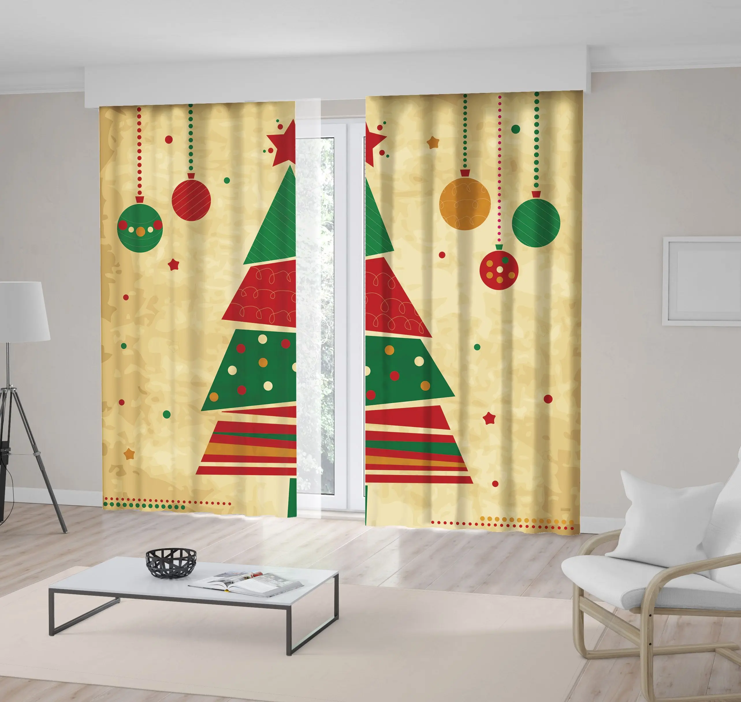 

Curtain Christmas Tree and Ornaments Red Green Beige Vintage Christmas Card Style Artwork Print