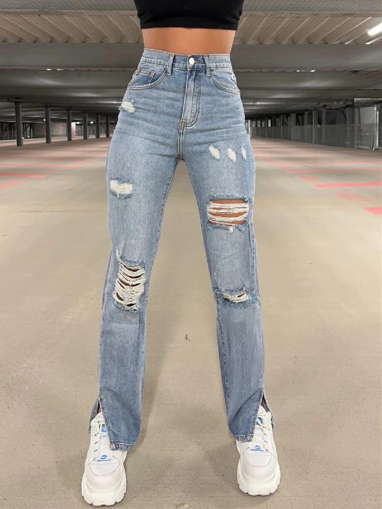 Straight Ripped Jeans Women High Waisted Jeans Pants Distressed Slit Hem Casual Streetwear Washed Summer Denim Trousers 2022