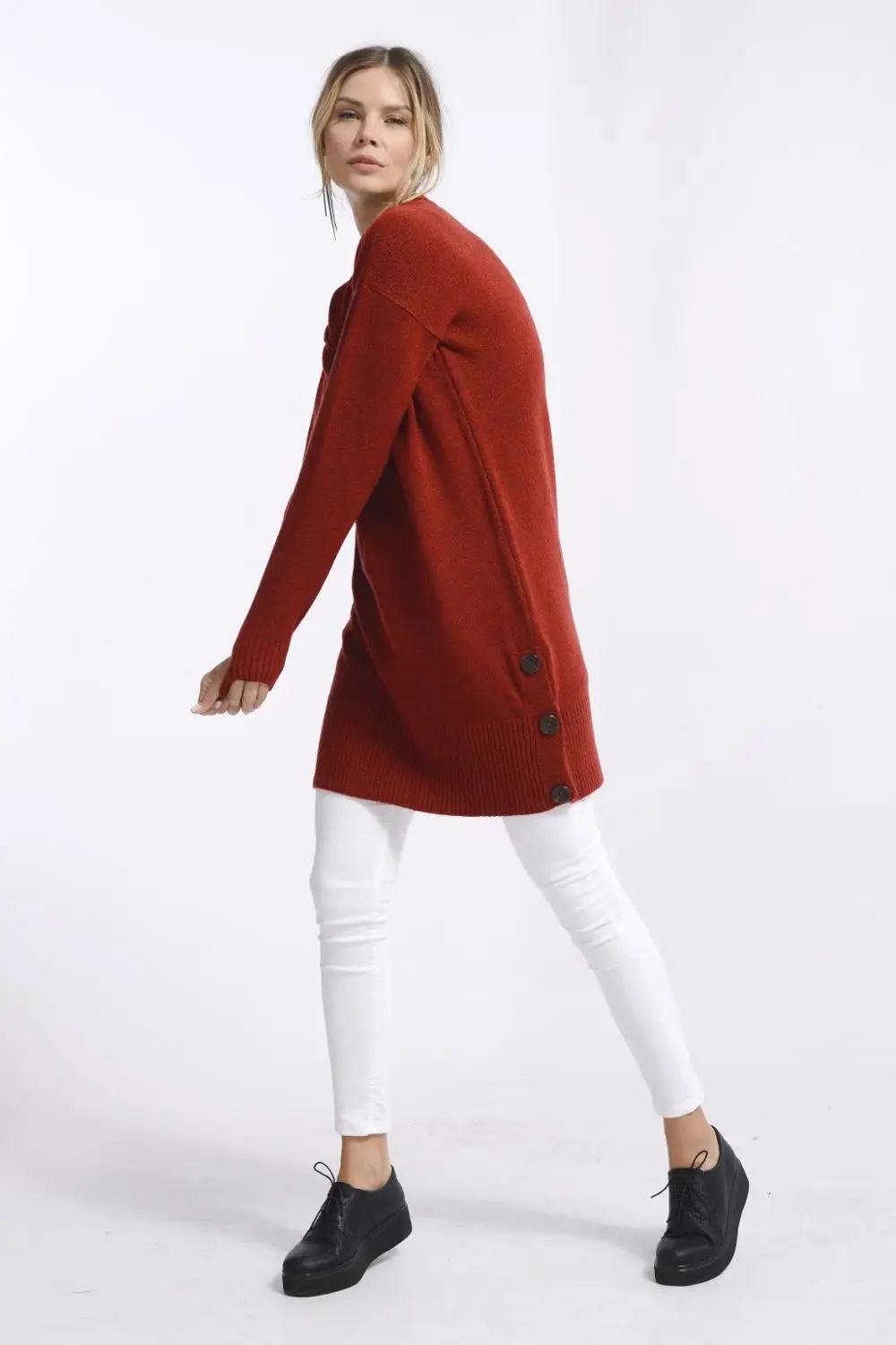 

Nefise Long Sleeve Women Tunic Autumn Winter Fashion Loose Buttoned Tunic Dress Knitted Casual Pink Gray