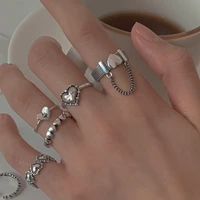 kpop punk love heart ring set personality vintage silver color geometric chain finger rings for women fashion jewelry party gift