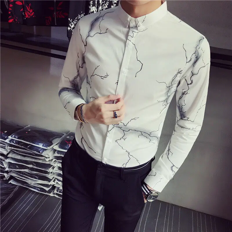 

Men's Shirts High Quality Shirt Men2018 Spring New Chemise Lightning Print Long Sleeves Casual Shirts Slim Fit Men Dress Shirt