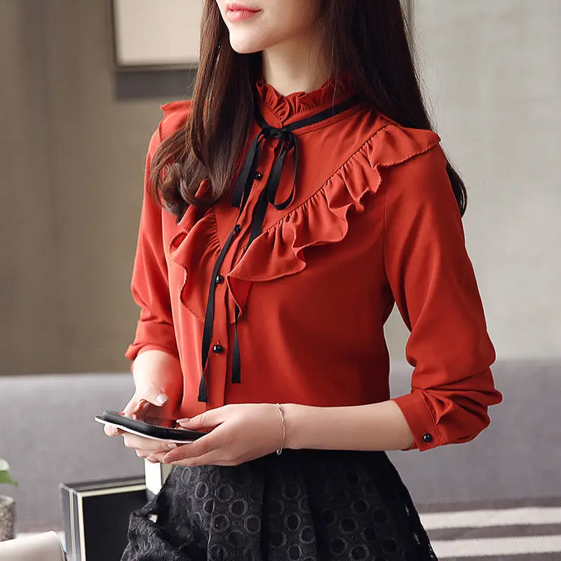 Длинное шифоновое платье с бантом и рюшами 2018 весеннее воротником стойкой на