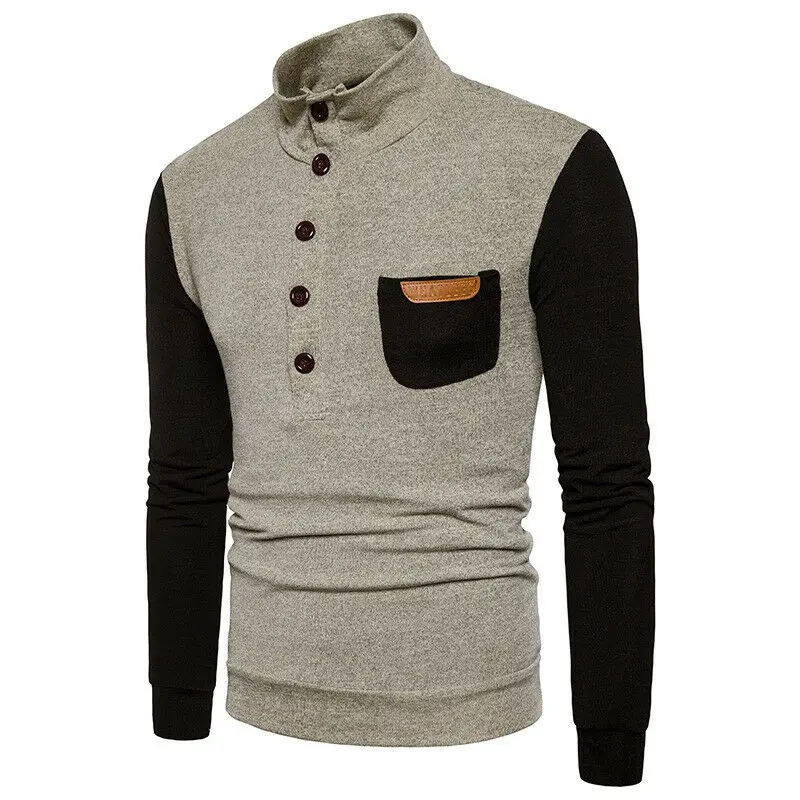 Sweater Sleeve Collared Henley Knit Men's Button Color Long Matching | Мужская одежда