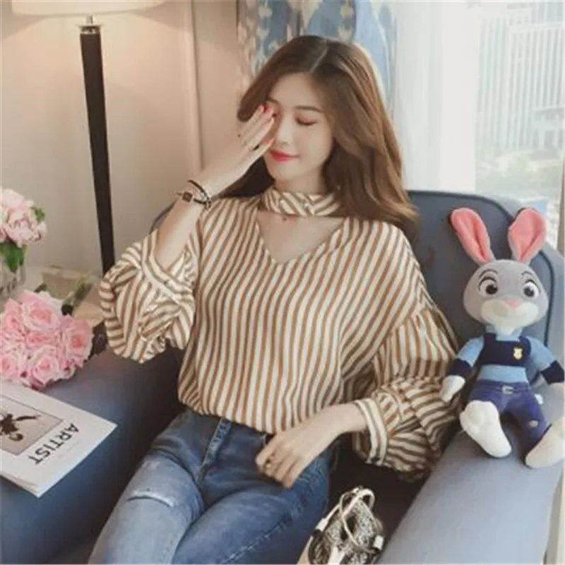 Ulzzang женские шифоновые топы и блузки с вырезом на шее рукавами фонариками Женские