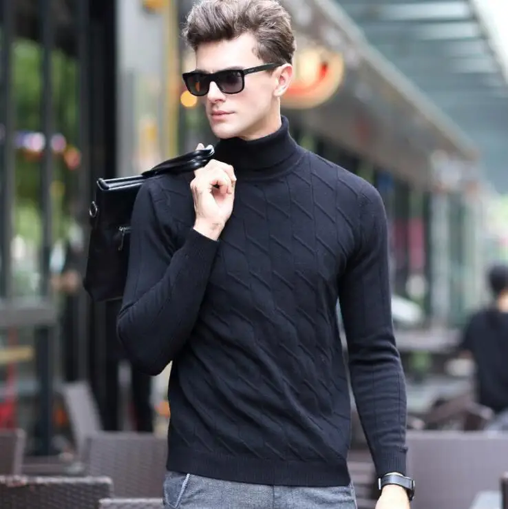 Мужские 100% кашемировые трикотажные водолазки топы с длинным рукавом Slim Fit