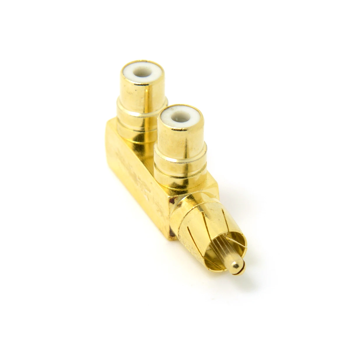 

CYSM Golden Color 90 Degree Angled RCA AV Audio Splitter Plug Adapter Male to Dual Female F type Extension