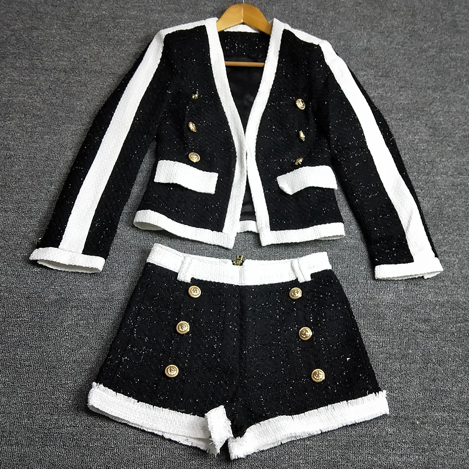 

Hageofly High Quality 2 Two Piece Set Women Black White Short Pants Double Lion Button Blazer Coat With Shorts Women's Suit
