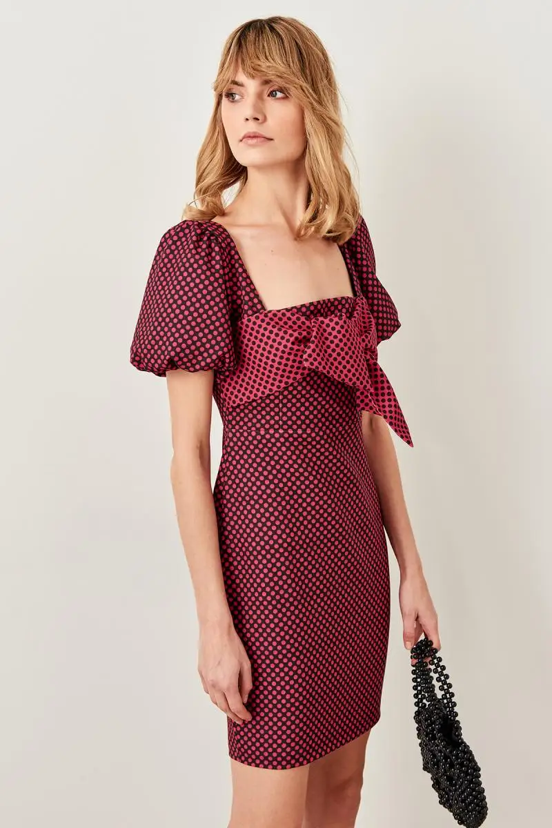Trendyol фуксия горошек воротник Деталь Платье TPRSS19FZ0287|Женские платья| |