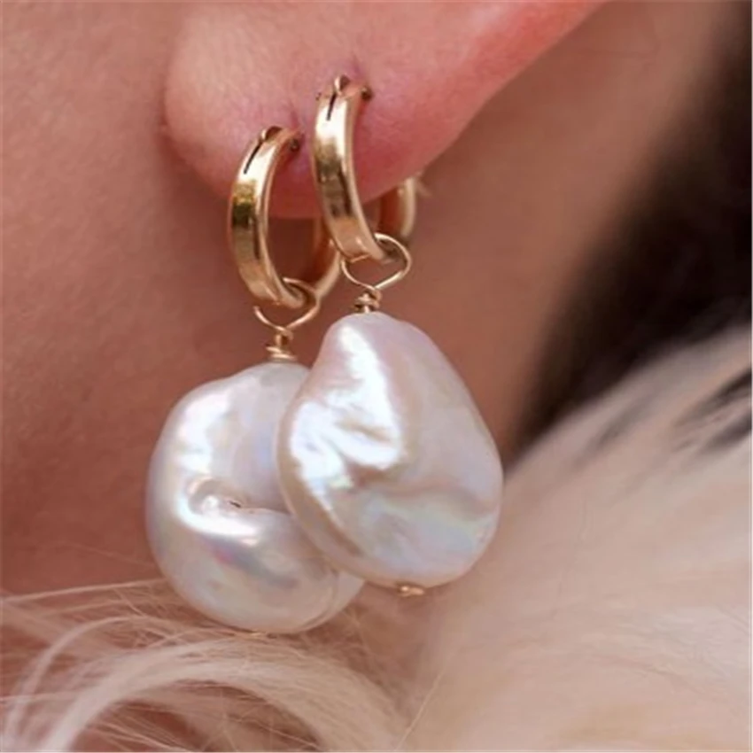 14-15mm White Baroque Pearl Earrings Gold Hook Aaaa Irregular Fashion Classic Noble Elegant Jewelry Delicate Personality Fine | Украшения и