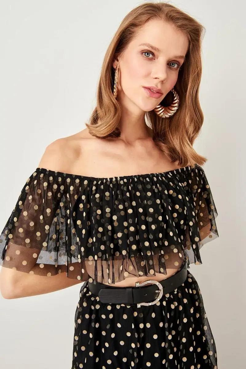 Trendyol Черный Флокированный горошек бюстье TPRSS19DU0030|Бюстье и корсеты| |