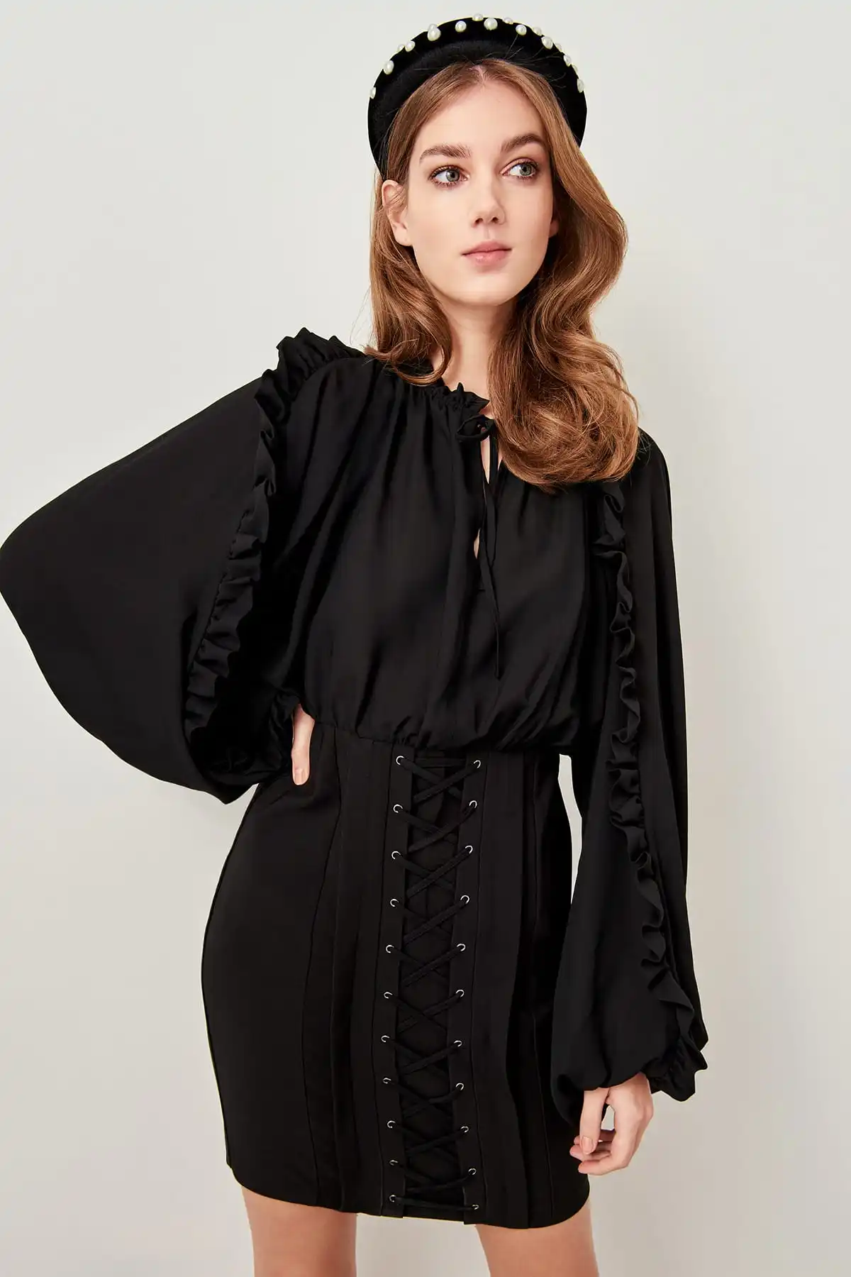 Trendyol детальное черное корсетное платье TPRSS19BB0045|Вечерние платья| |
