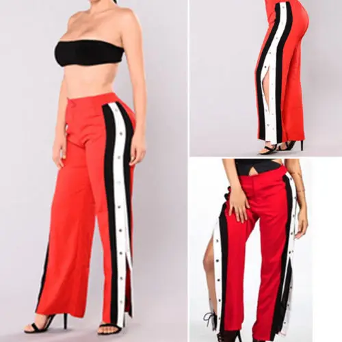 

Womens Cut Split Side Buttons Wide Leg Jogger Casual Long Pants Fashion Trousers