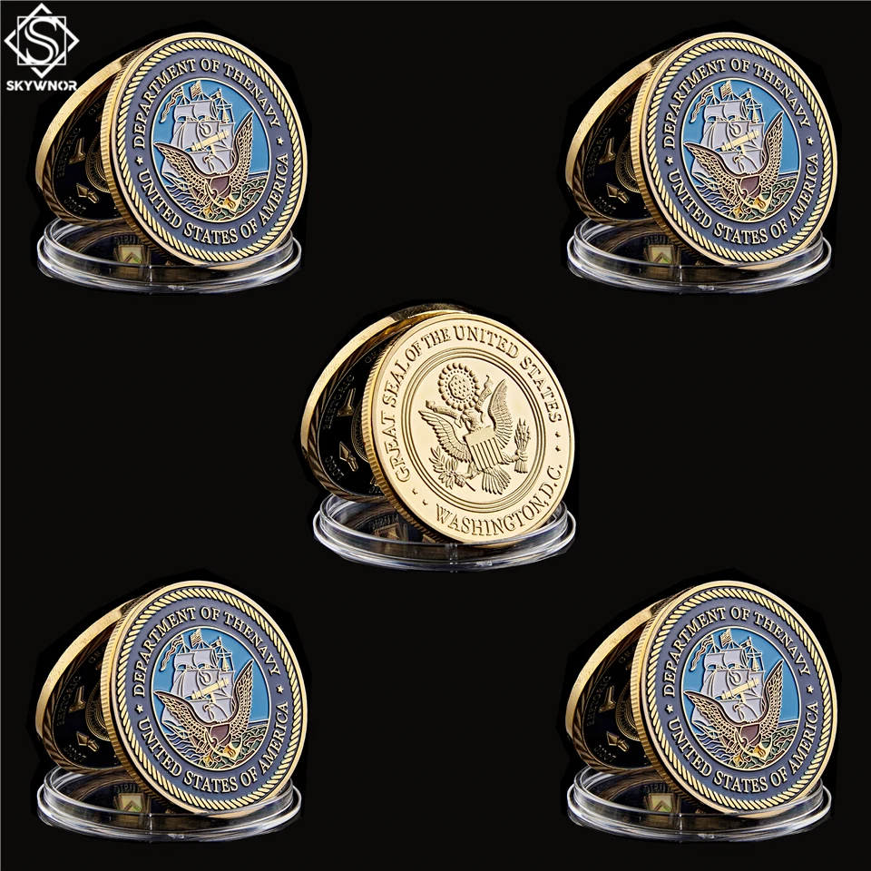 

5PCS American Navy Great Seal USA Department Of The Navy Gold Challenge Token Medallion Value Coin Online