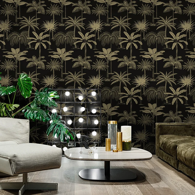 

New Nordic Palm Leaves Black Wallpaper Non-woven Coconut Southeast Asia Ins Green Living Room Bedroom Background Wall Paper