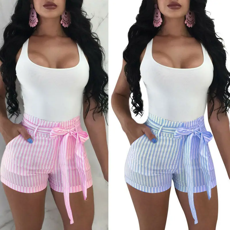 

2019 Fashion Women Cotton Casual Solid Stripe Skinny Drawstring Bow Shorts 3 Colour Sexy Trousers High Waist Short pants
