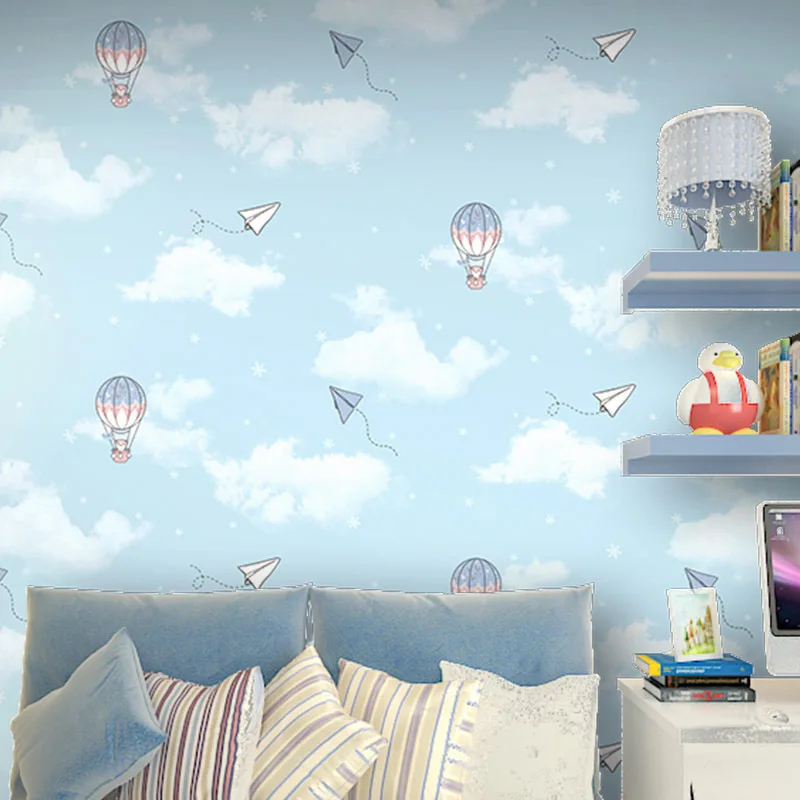 

Custom Mediterranean Children's Room Non-woven Wallpaper Boys And Girls Bedroom Sky Blue Cartoon Bear Parachute Wallpaper
