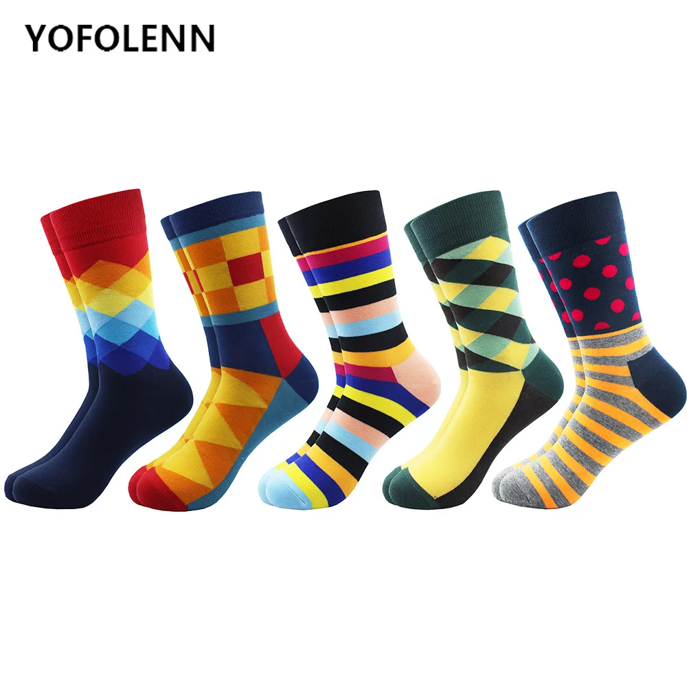 

5 Pairs/Lot Happy Socks for Man Combed Cotton Material Striped Argyle Dot Diamond Pattern Colored Funny Socks Long Crew Cool