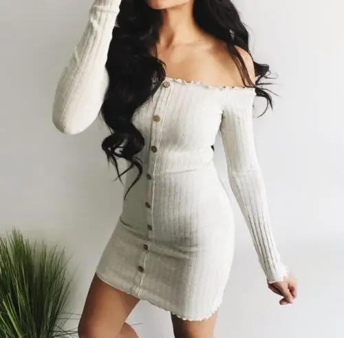 

New Arrival Winter Spring Straight Casual Dress Women Long Sleeve Off Shoulder Cocktail Party Club Bodycon Dress