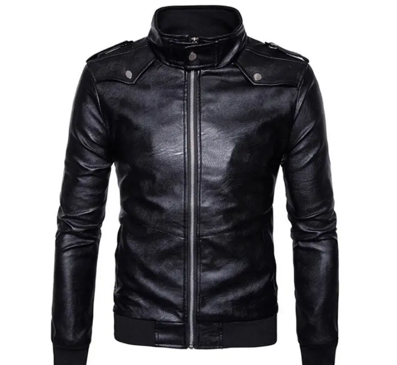 Зимние Для мужчин Кожаная куртка Slim Fit Стенд воротник однотонные мотоциклетные