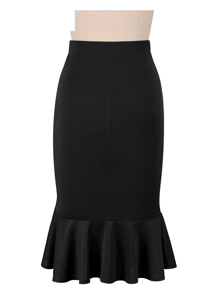 

Womens Asymmetrical Ruffle Hem High Waist Split Work Business Cocktail Party Fitted Stretch Bodycon Pencil Skirt 2091