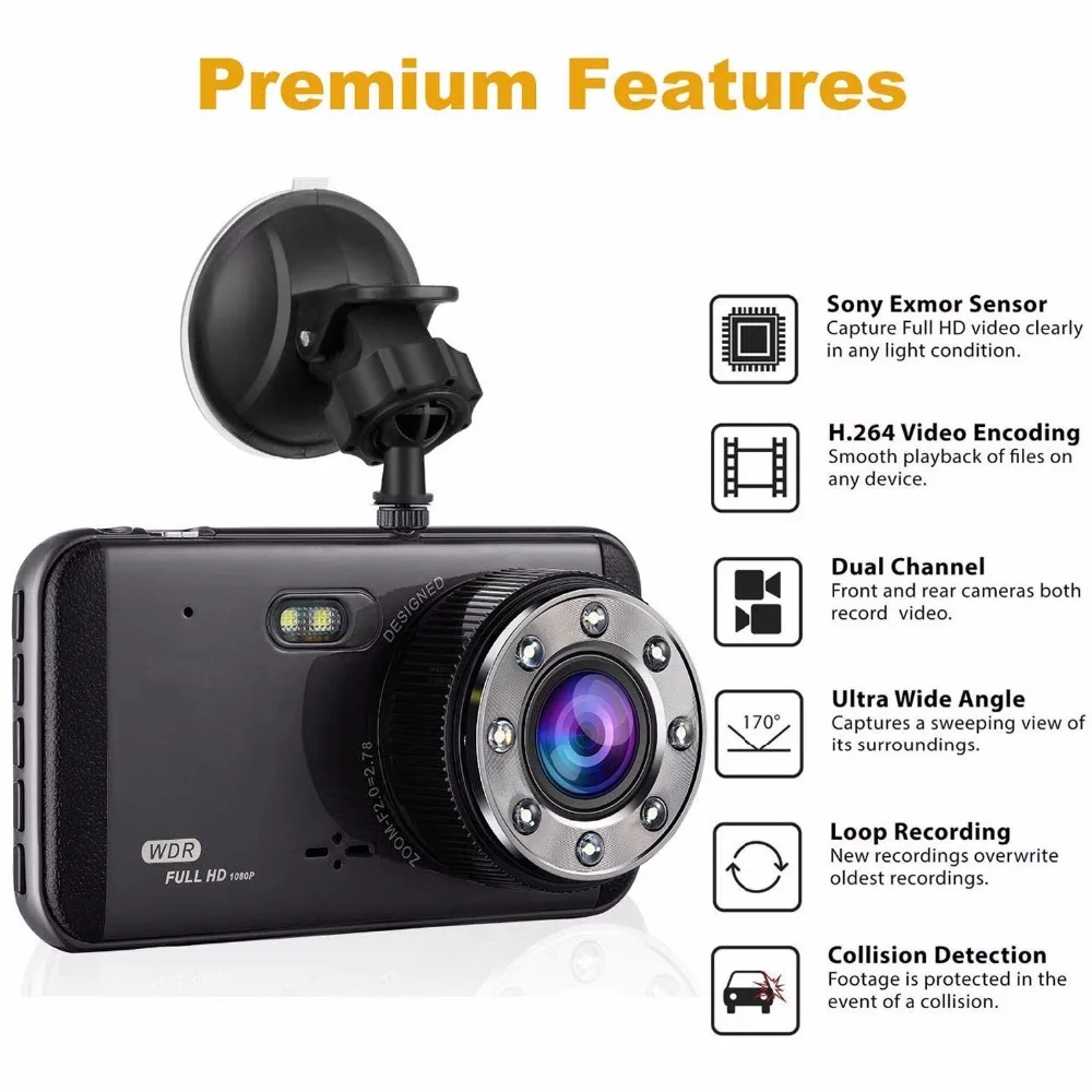 Автомобильный видеорегистратор FHD 1080 P 170 градусов 4 &quotips Двойной объектив